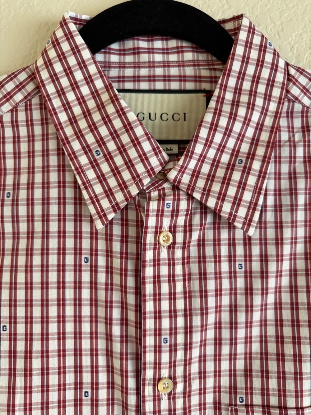 Gucci Men's Red & White Checked Cotton Button-Up Shirt